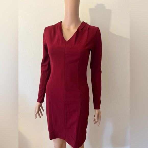 New Solid Red Elegant Long Sleeve V Neck Office Cocktail Party Dress, Small - Picture 5 of 10
